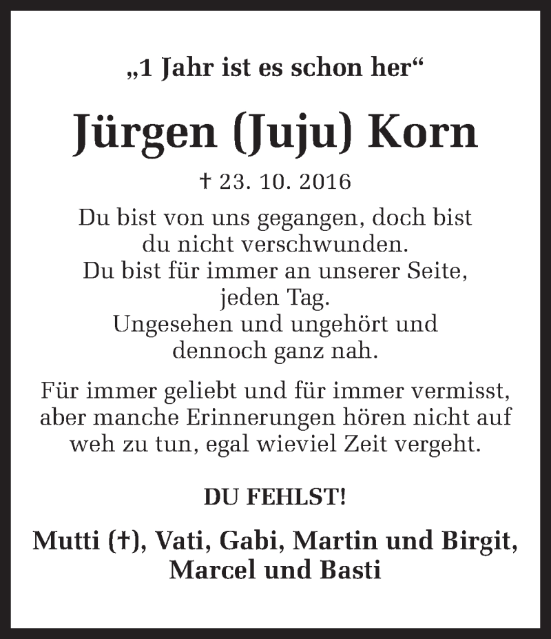  Traueranzeige für Jürgen Korn vom 23.10.2017 aus Ruhr Nachrichten