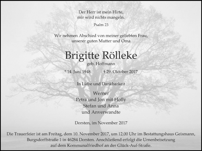  Traueranzeige für Brigitte Rölleke vom 07.11.2017 aus Ruhr Nachrichten und Dorstener Zeitung