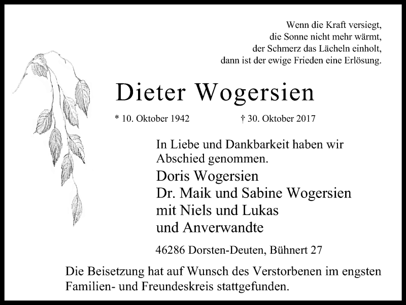  Traueranzeige für Dieter Wogersien vom 18.11.2017 aus Ruhr Nachrichten und Dorstener Zeitung