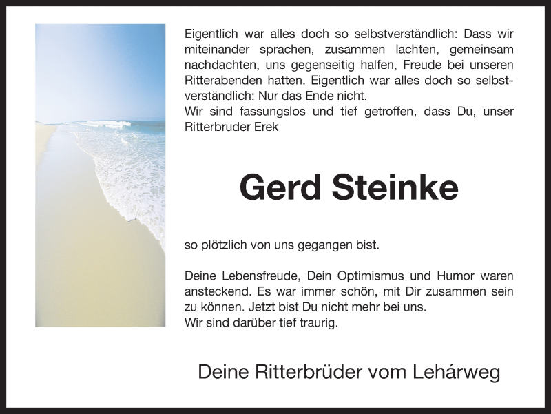  Traueranzeige für Gerd Steinke vom 29.11.2017 aus Ruhr Nachrichten und Dorstener Zeitung
