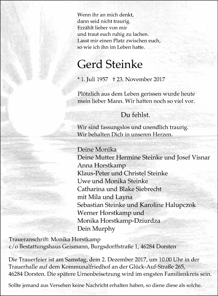  Traueranzeige für Gerd Steinke vom 29.11.2017 aus Ruhr Nachrichten und Dorstener Zeitung
