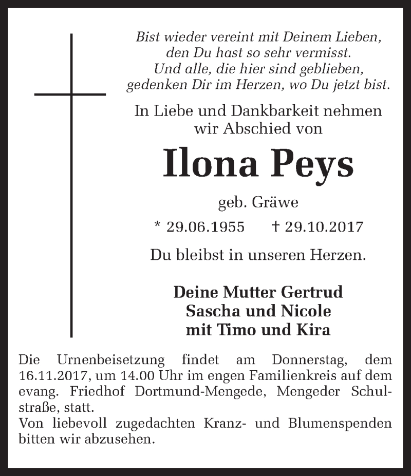  Traueranzeige für Ilona Peys vom 14.11.2017 aus Ruhr Nachrichten