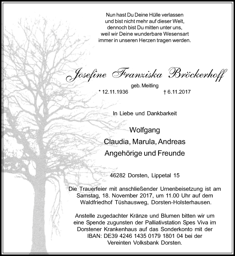  Traueranzeige für Josefine Franziska Bröckerhoff vom 11.11.2017 aus Ruhr Nachrichten und Dorstener Zeitung