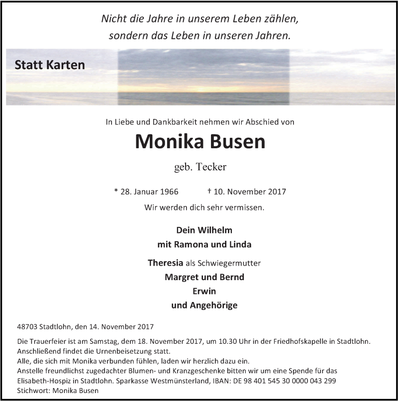  Traueranzeige für Monika Busen vom 14.11.2017 aus Münstersche Zeitung und Münsterland Zeitung