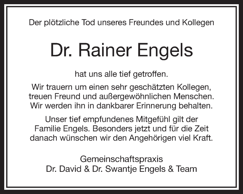  Traueranzeige für Rainer Engels vom 11.11.2017 aus Ruhr Nachrichten und Dorstener Zeitung