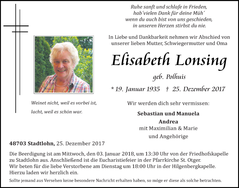  Traueranzeige für Elisabeth Lonsing vom 30.12.2017 aus Münstersche Zeitung und Münsterland Zeitung