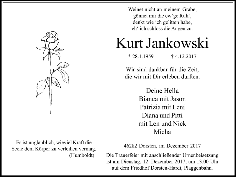  Traueranzeige für Kurt Jankowski vom 09.12.2017 aus Ruhr Nachrichten und Dorstener Zeitung