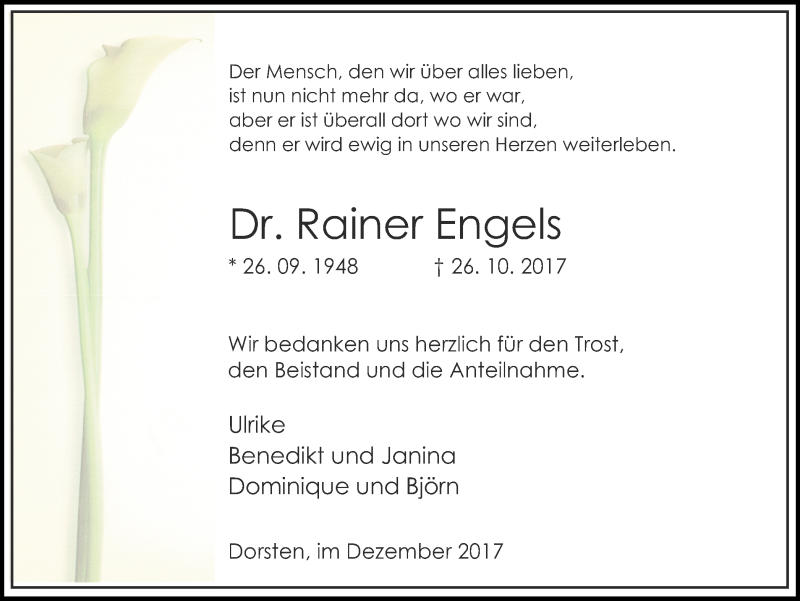  Traueranzeige für Rainer Engels vom 02.12.2017 aus Ruhr Nachrichten und Dorstener Zeitung