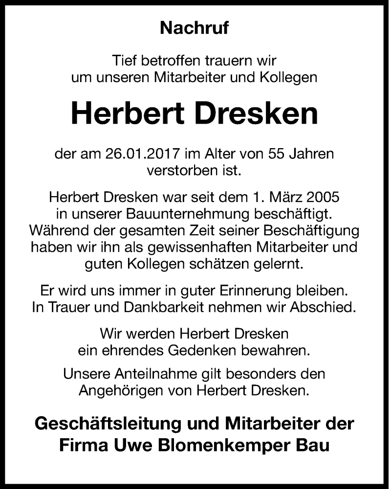  Traueranzeige für Herbert Dresken vom 04.02.2017 aus Ruhr Nachrichten