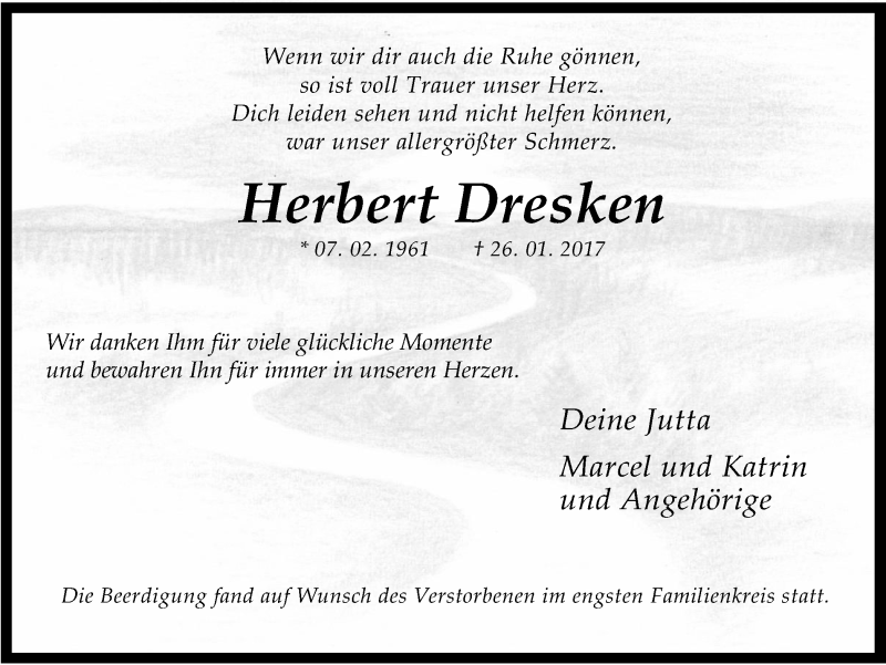  Traueranzeige für Herbert Dresken vom 03.02.2017 aus Ruhr Nachrichten