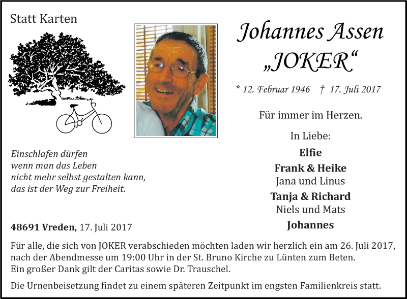  Traueranzeige für Johannes Assen vom 22.07.2017 aus Münstersche Zeitung und Münsterland Zeitung