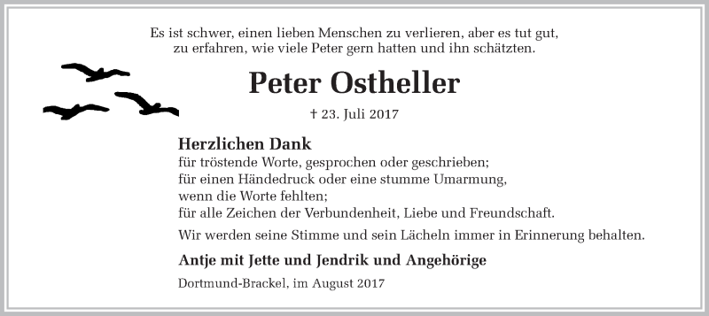  Traueranzeige für Peter Ostheller vom 26.08.2017 aus Ruhr Nachrichten