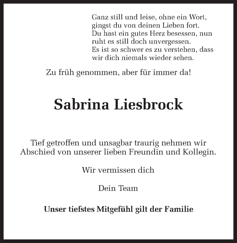  Traueranzeige für Sabrina Liesbrock vom 28.08.2017 aus Münstersche Zeitung und Münsterland Zeitung