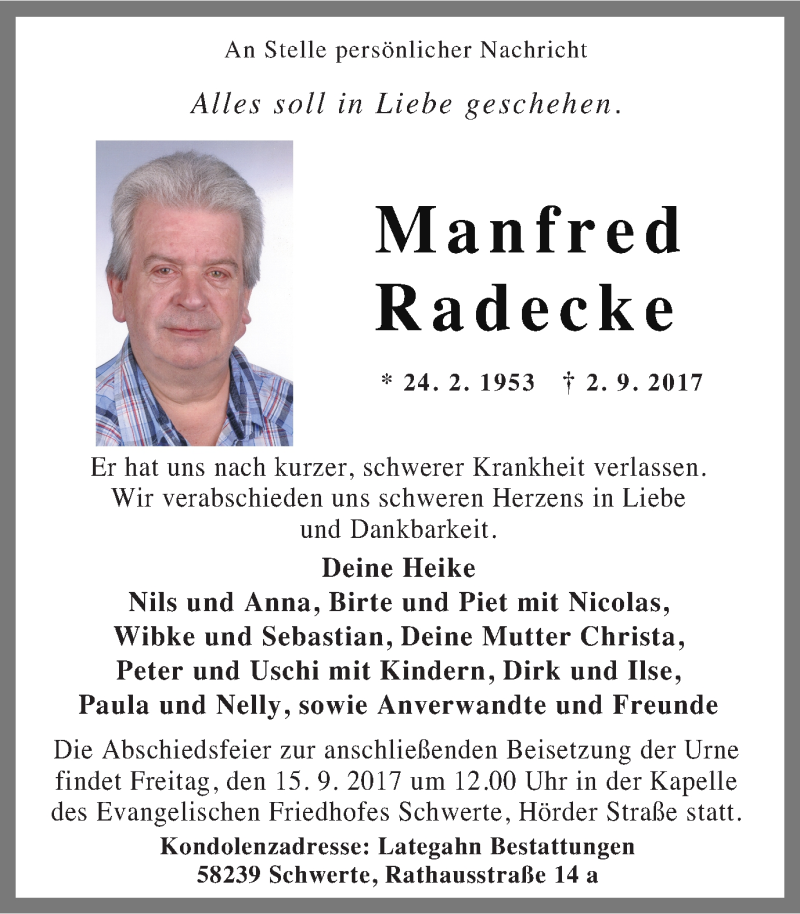  Traueranzeige für Manfred Radecke vom 09.09.2017 aus Ruhr Nachrichten