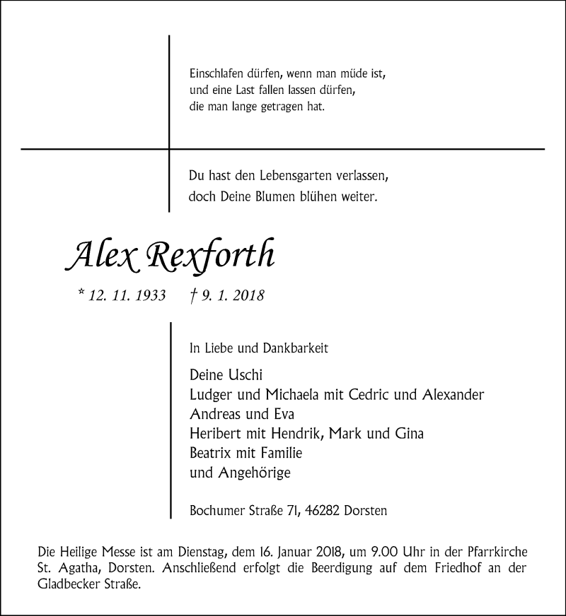  Traueranzeige für Alex Rexforth vom 11.01.2018 aus Ruhr Nachrichten und Dorstener Zeitung