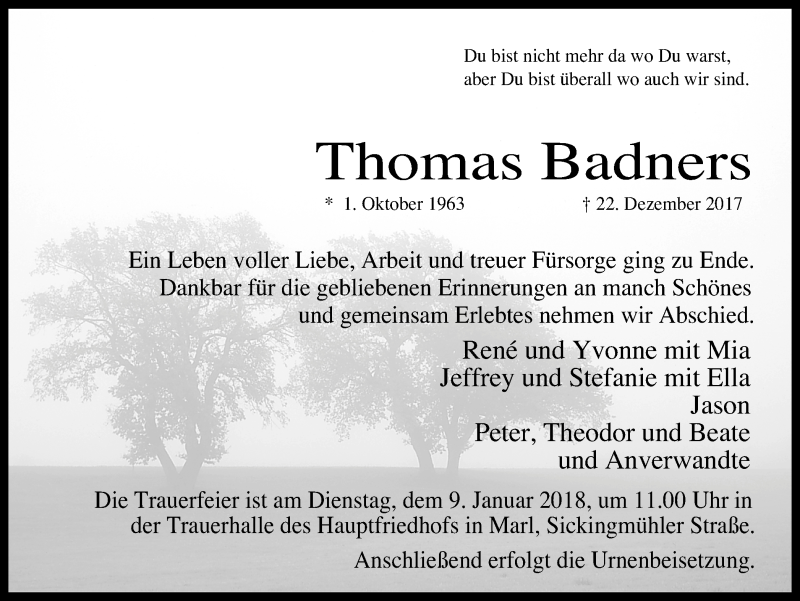  Traueranzeige für Thomas Badners vom 06.01.2018 aus Ruhr Nachrichten und Dorstener Zeitung
