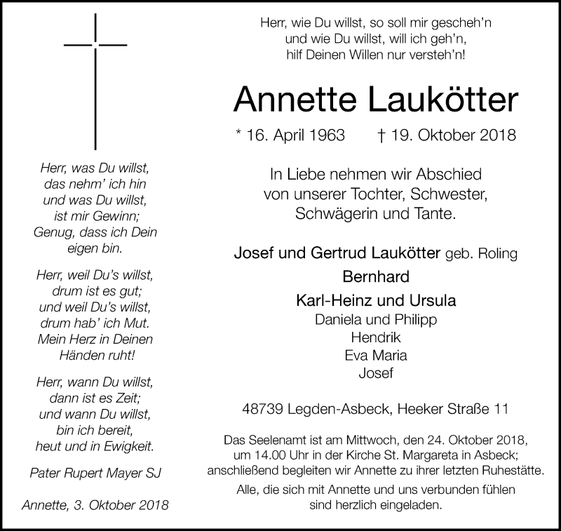  Traueranzeige für Annette Laukötter vom 22.10.2018 aus Münstersche Zeitung und Münsterland Zeitung