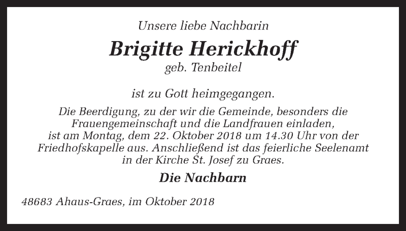  Traueranzeige für Brigitte Herickhoff vom 19.10.2018 aus Münstersche Zeitung und Münsterland Zeitung