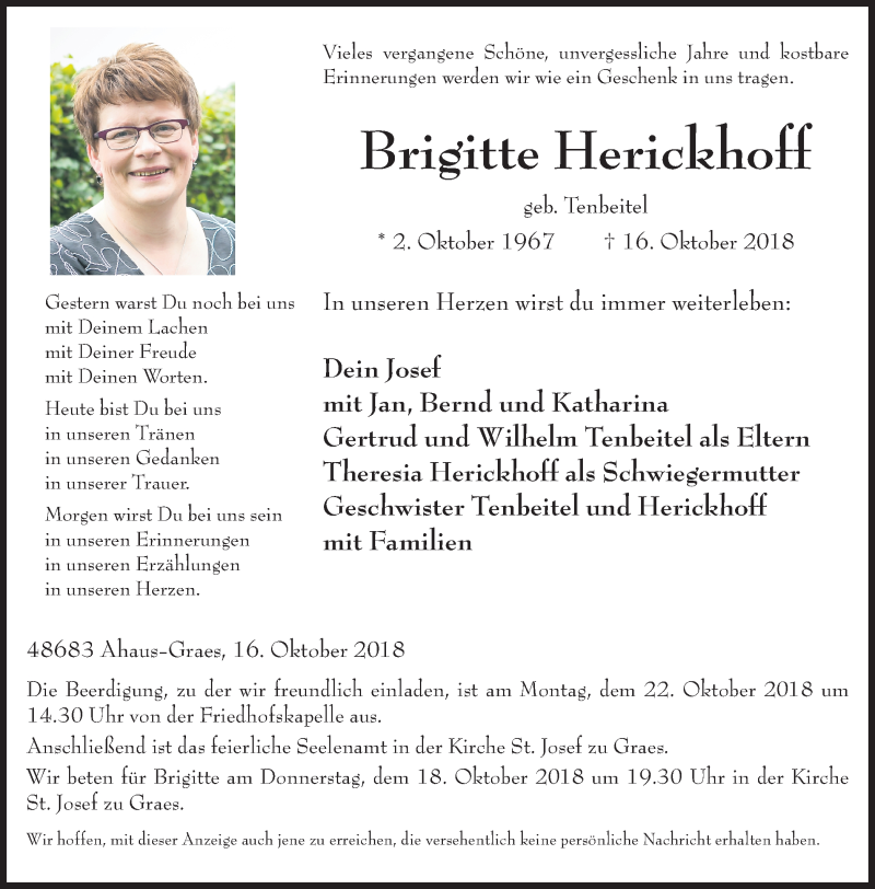  Traueranzeige für Brigitte Herickhoff vom 18.10.2018 aus Münstersche Zeitung und Münsterland Zeitung