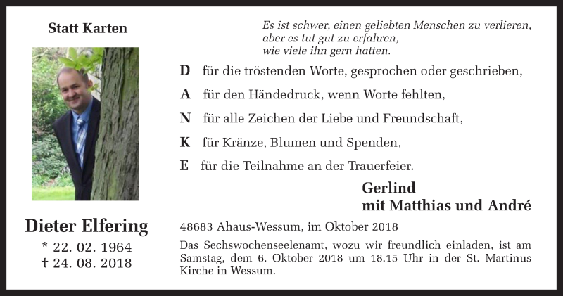  Traueranzeige für Dieter Elfering vom 02.10.2018 aus Münstersche Zeitung und Münsterland Zeitung