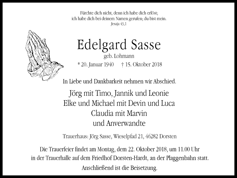  Traueranzeige für Edelgard Sasse vom 17.10.2018 aus Ruhr Nachrichten und Dorstener Zeitung