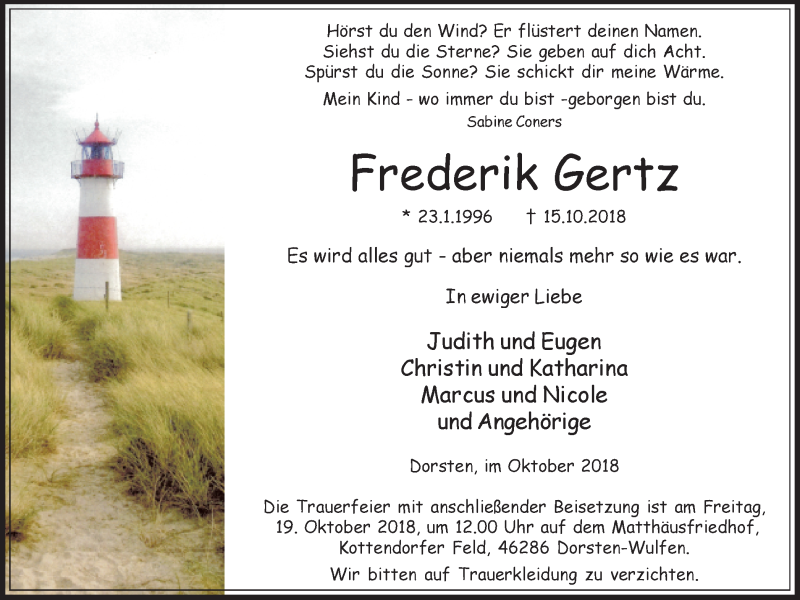  Traueranzeige für Frederik Gertz vom 17.10.2018 aus Ruhr Nachrichten und Dorstener Zeitung