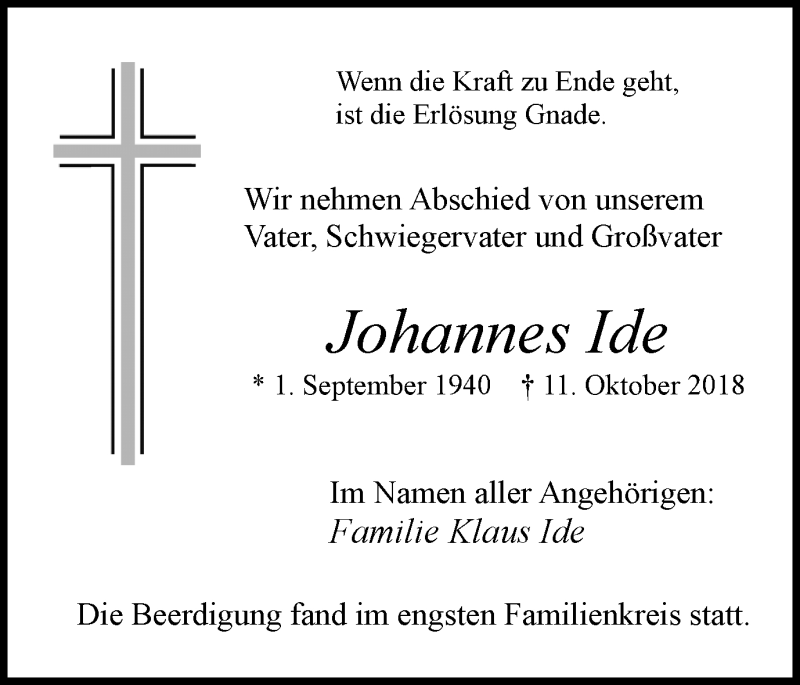  Traueranzeige für Johannes Ide vom 20.10.2018 aus Ruhr Nachrichten und Halterner Zeitung