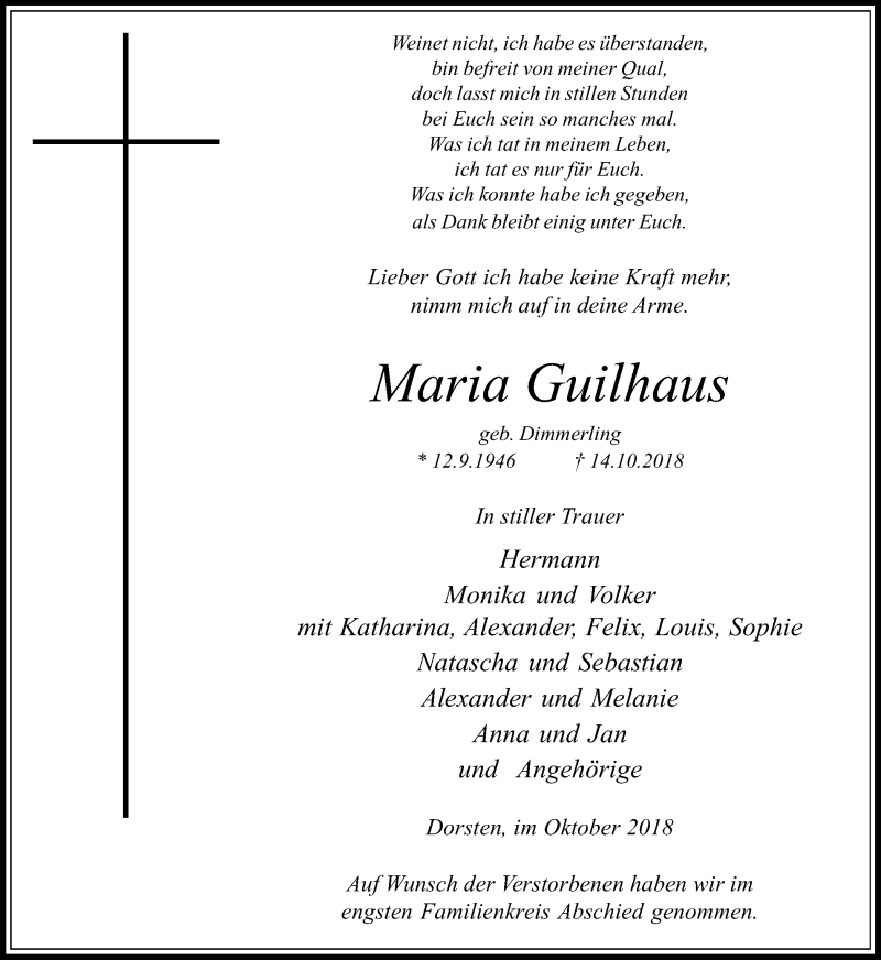  Traueranzeige für Maria Guilhaus vom 23.10.2018 aus Ruhr Nachrichten und Dorstener Zeitung