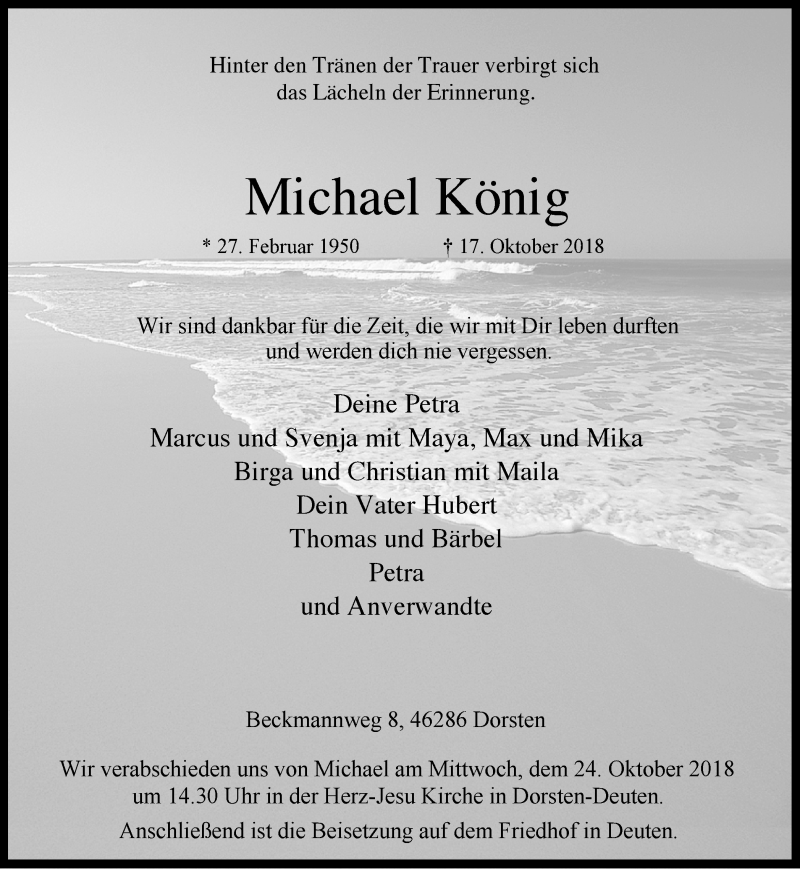  Traueranzeige für Michael König vom 20.10.2018 aus Ruhr Nachrichten und Dorstener Zeitung