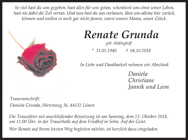  Traueranzeige für Renate Grunda vom 10.10.2018 aus Ruhr Nachrichten