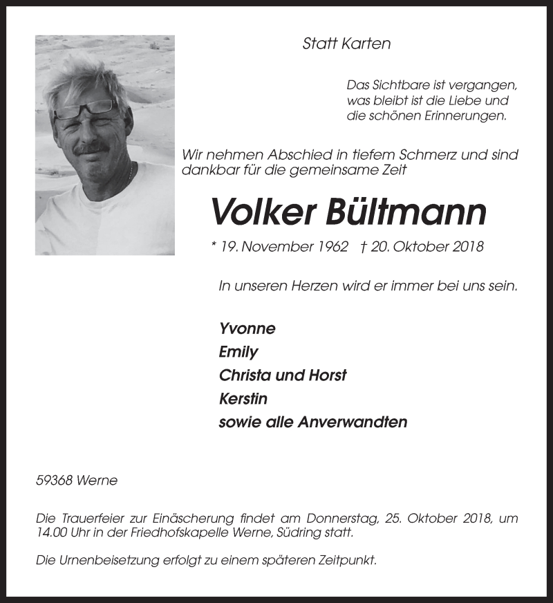  Traueranzeige für Volker Bültmann vom 23.10.2018 aus Ruhr Nachrichten