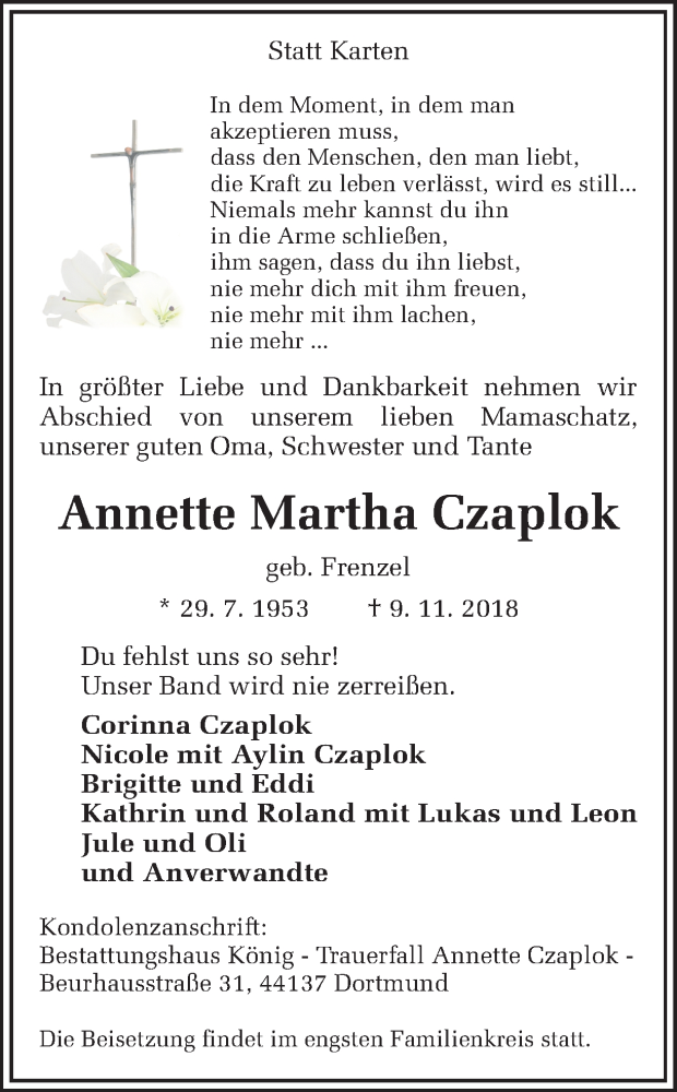  Traueranzeige für Annette Martha Czaplok vom 17.11.2018 aus Ruhr Nachrichten