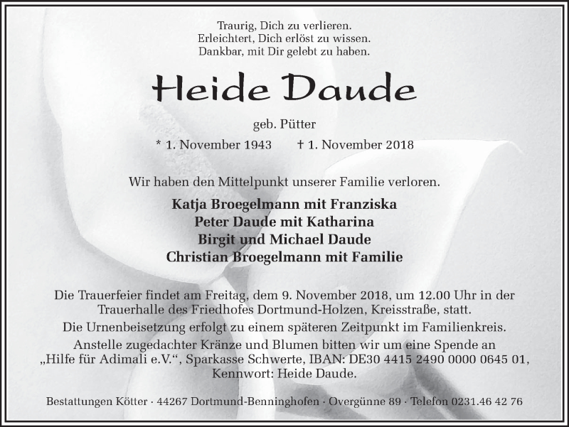  Traueranzeige für Heide Daude vom 06.11.2018 aus Ruhr Nachrichten
