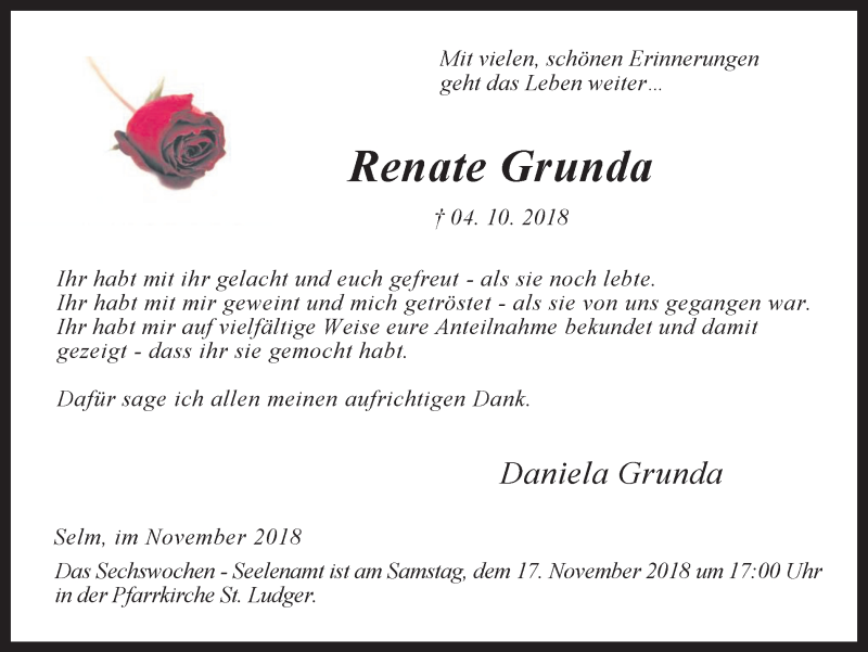  Traueranzeige für Renate Grunda vom 10.11.2018 aus Ruhr Nachrichten
