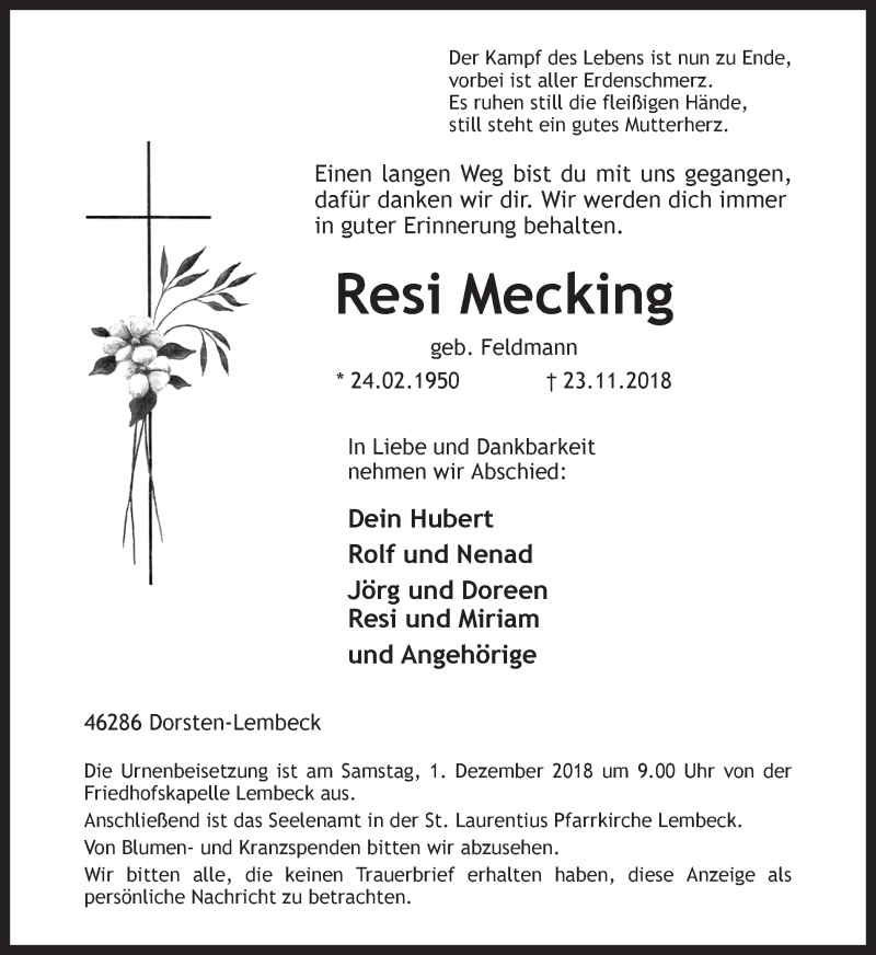  Traueranzeige für Resi Mecking vom 27.11.2018 aus Ruhr Nachrichten und Dorstener Zeitung