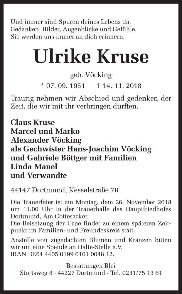  Traueranzeige für Ulrike Kruse vom 17.11.2018 aus Ruhr Nachrichten