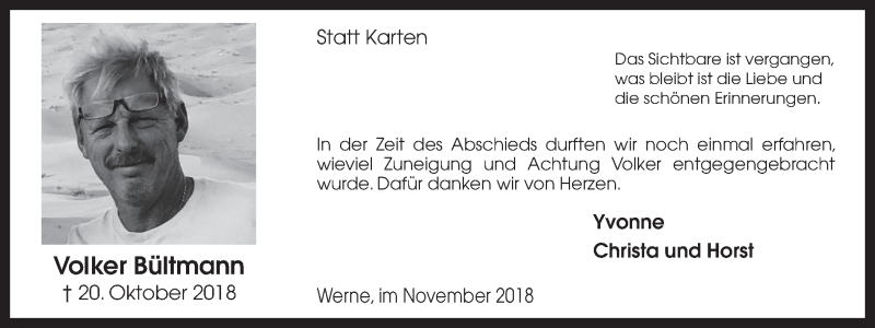  Traueranzeige für Volker Bültmann vom 24.11.2018 aus Ruhr Nachrichten