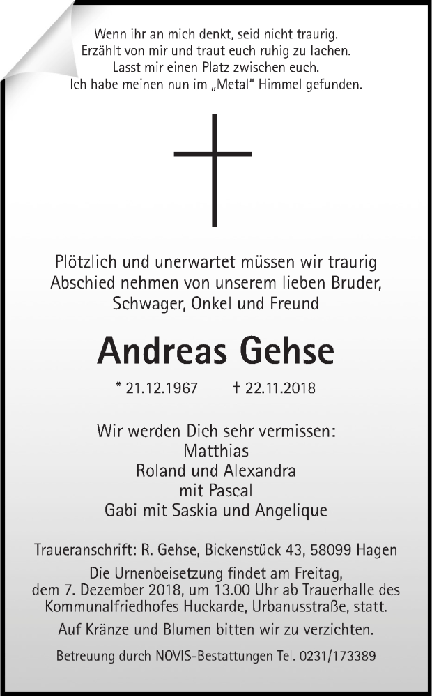  Traueranzeige für Andreas Gehse vom 04.12.2018 aus Ruhr Nachrichten