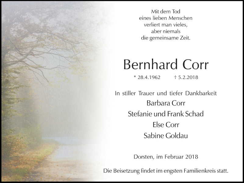  Traueranzeige für Bernhard Corr vom 08.02.2018 aus Ruhr Nachrichten und Dorstener Zeitung