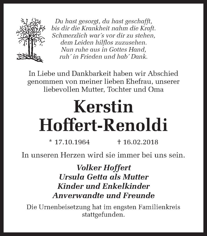  Traueranzeige für Kerstin Hoffert-Renoldi vom 10.03.2018 aus Ruhr Nachrichten und Dorstener Zeitung