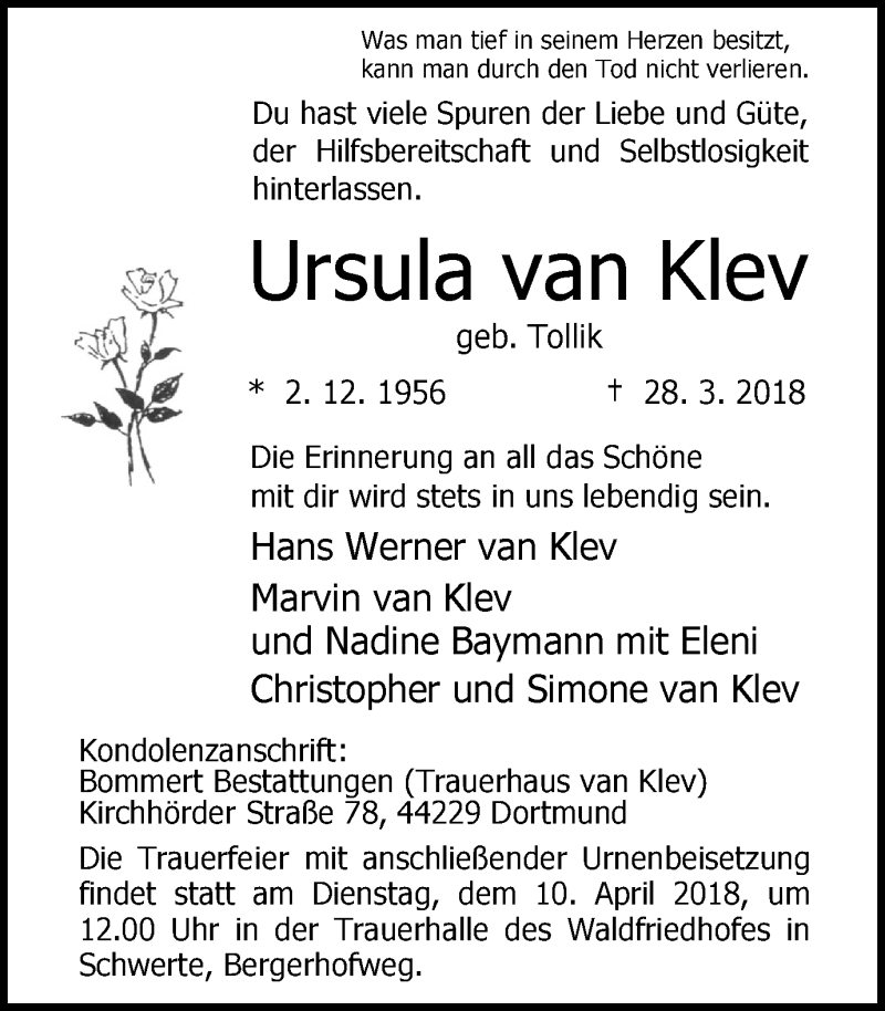  Traueranzeige für Ursula van Klev vom 05.04.2018 aus Ruhr Nachrichten