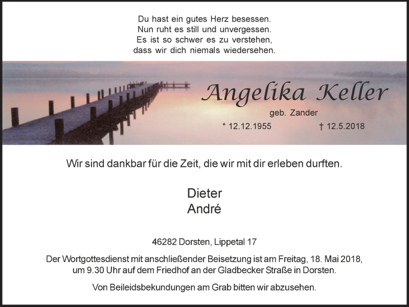  Traueranzeige für Angelika Keller vom 15.05.2018 aus Ruhr Nachrichten und Dorstener Zeitung