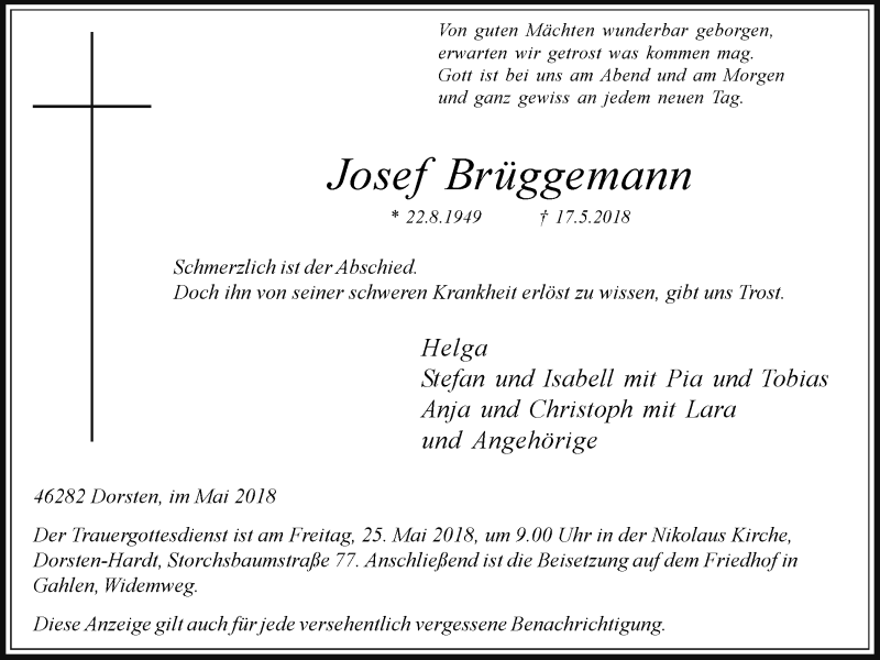  Traueranzeige für Josef Brüggemann vom 19.05.2018 aus Ruhr Nachrichten und Dorstener Zeitung
