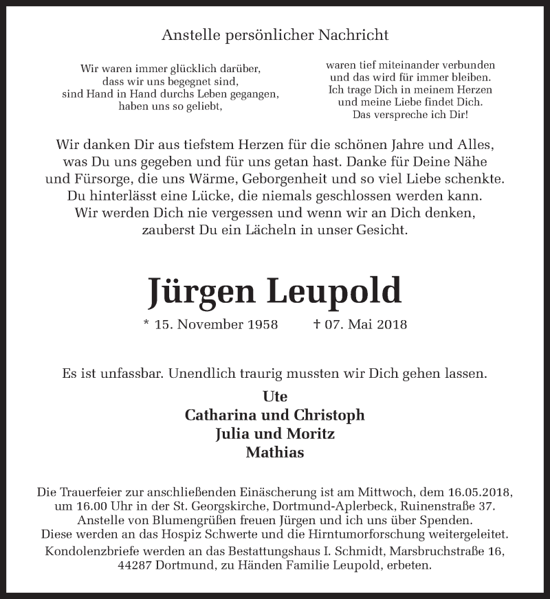  Traueranzeige für Jürgen Leupold vom 10.05.2018 aus Ruhr Nachrichten