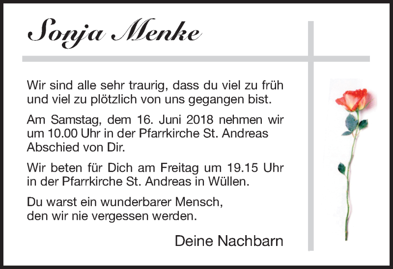  Traueranzeige für Sonja Menke vom 14.06.2018 aus Münstersche Zeitung und Münsterland Zeitung