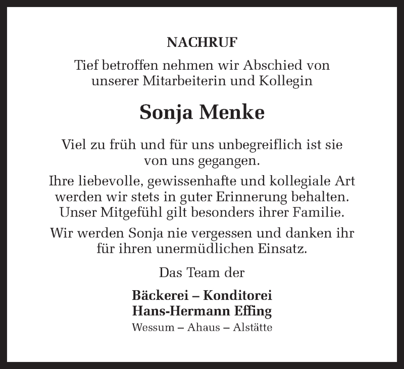  Traueranzeige für Sonja Menke vom 15.06.2018 aus Münstersche Zeitung und Münsterland Zeitung