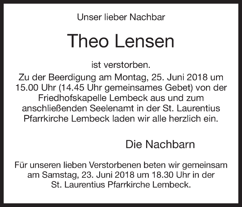  Traueranzeige für Theo Lensen vom 21.06.2018 aus Ruhr Nachrichten und Dorstener Zeitung