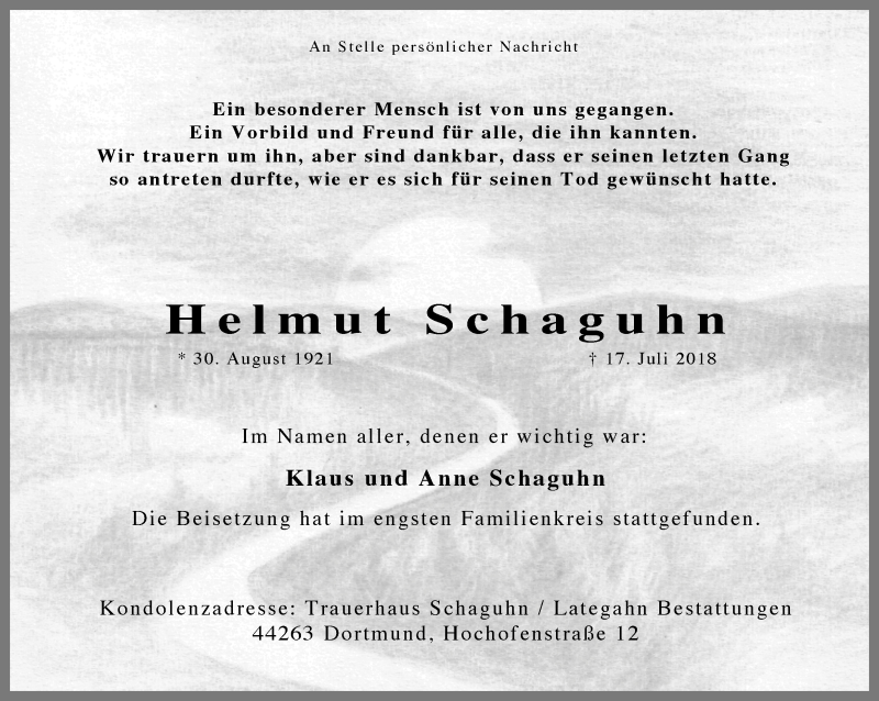  Traueranzeige für Helmut Schaguhn vom 28.07.2018 aus Ruhr Nachrichten