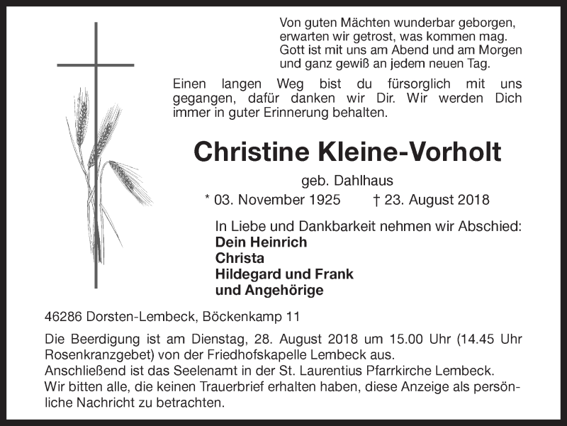  Traueranzeige für Christine Kleine-Vorholt vom 25.08.2018 aus Ruhr Nachrichten und Dorstener Zeitung