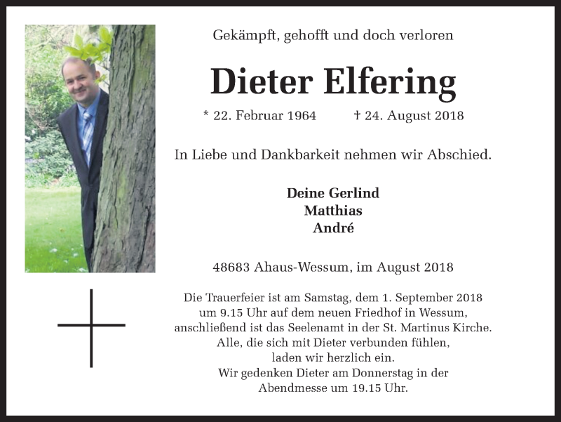  Traueranzeige für Dieter Elfering vom 28.08.2018 aus Münstersche Zeitung und Münsterland Zeitung
